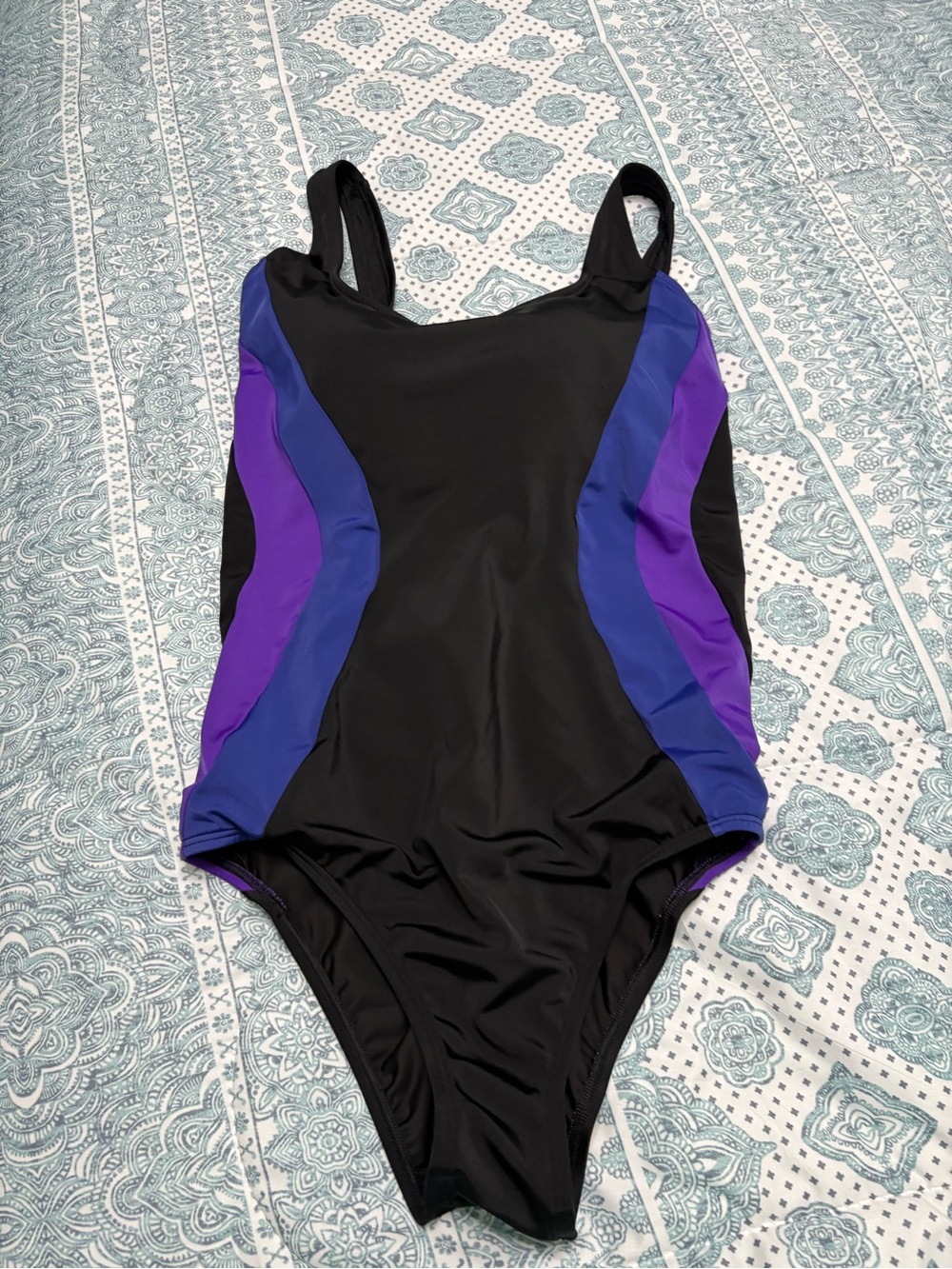 Lands' End Black One-Piece Swimsuit with Purple & Blue Stripes
